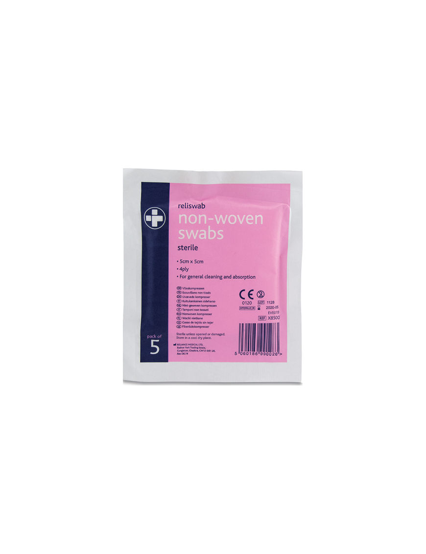 Reliswab Non-Woven Swabs – 4 Ply – 5cm x 5cm – Pack of 5