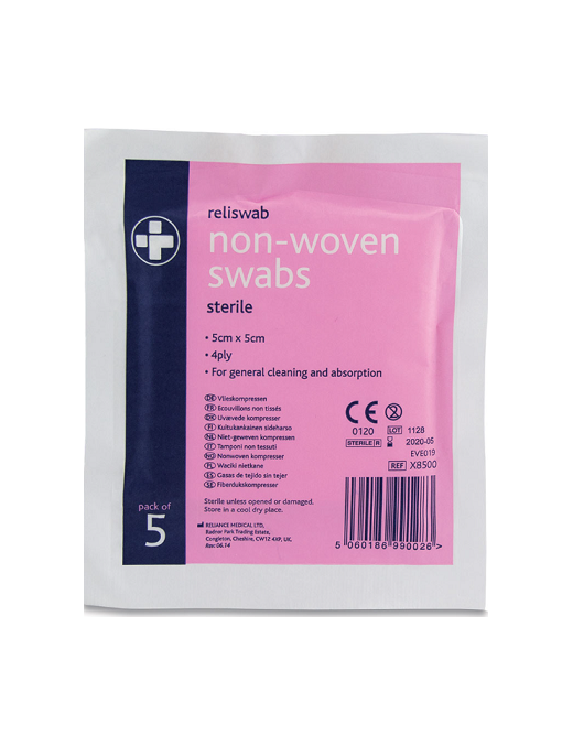 Reliswab Non-Woven Swabs – 4 Ply – 5cm x 5cm – Pack of 5